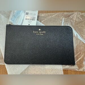Kate Spade Lucy Glittery Black Leather Medium L-Zip Wristlet KE454 Wallet NWT